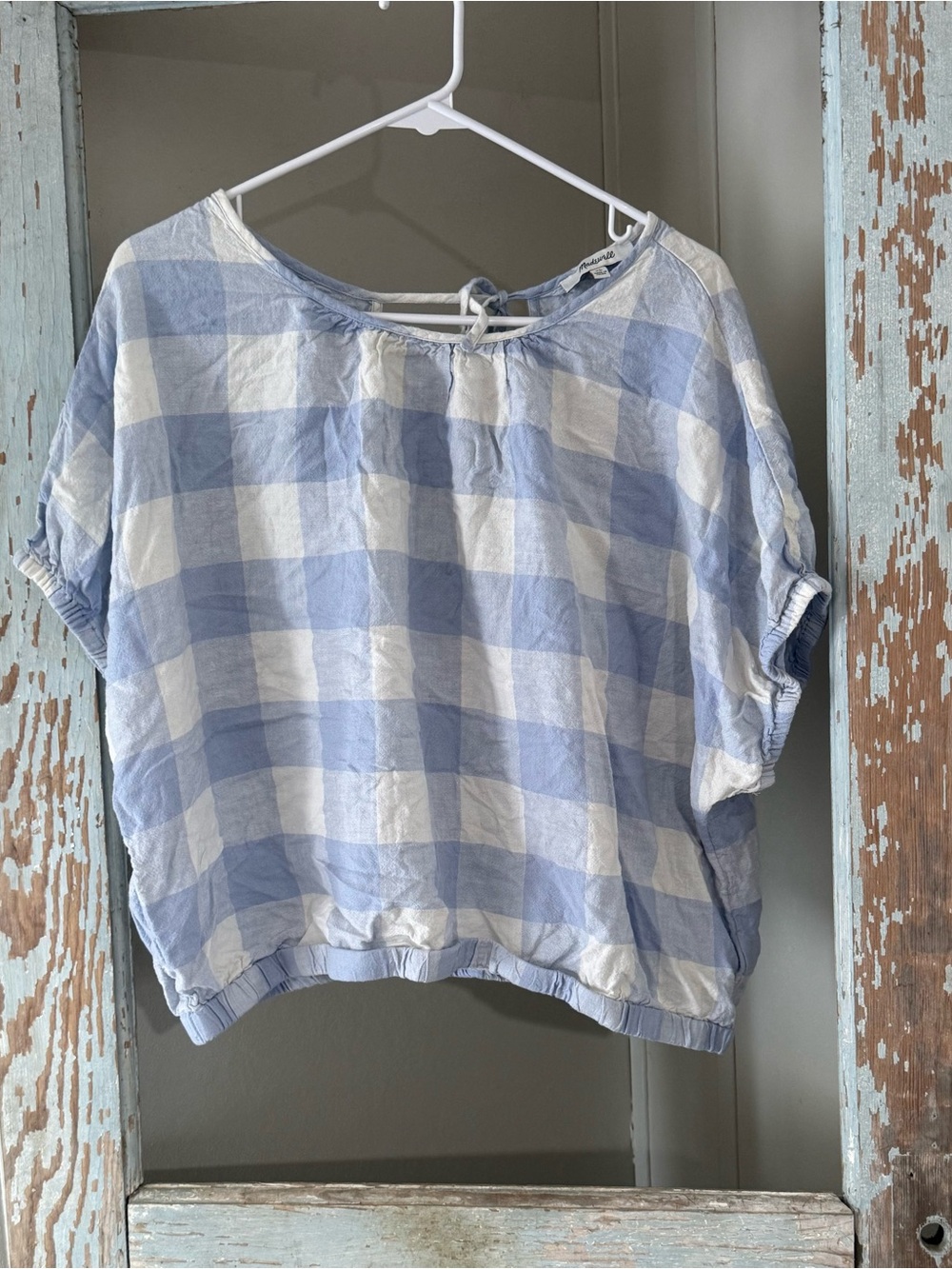 Madewell Linen Split Back Tie Gingham Blouse Blue White Size XL